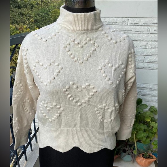 None Sweaters - NWOT Off White Scalloped High Neck Hearts Sweater